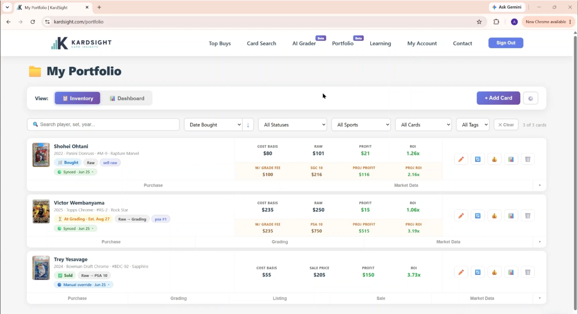 KardSight portfolio tracker showing card positions, grading status, and projected profit