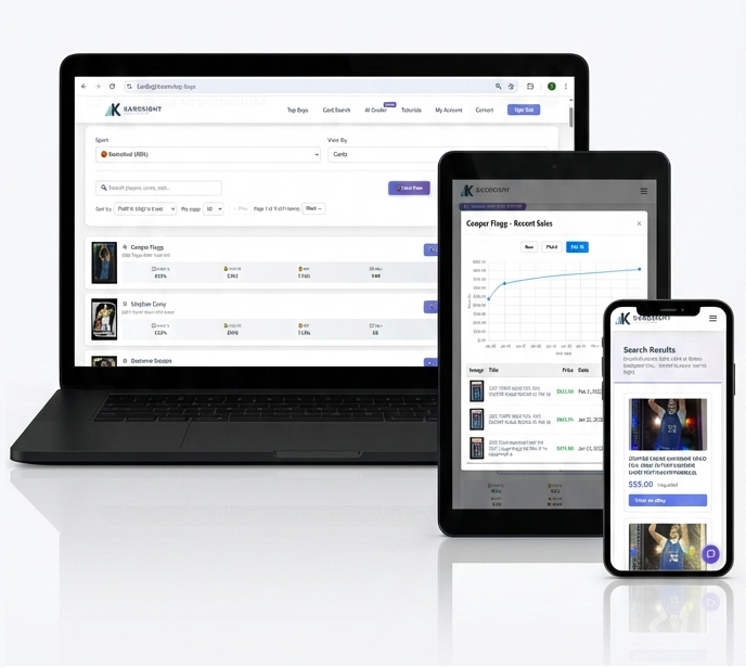 KardSight on desktop, tablet, and mobile devices showing Top Buys, Comps, and eBay integration